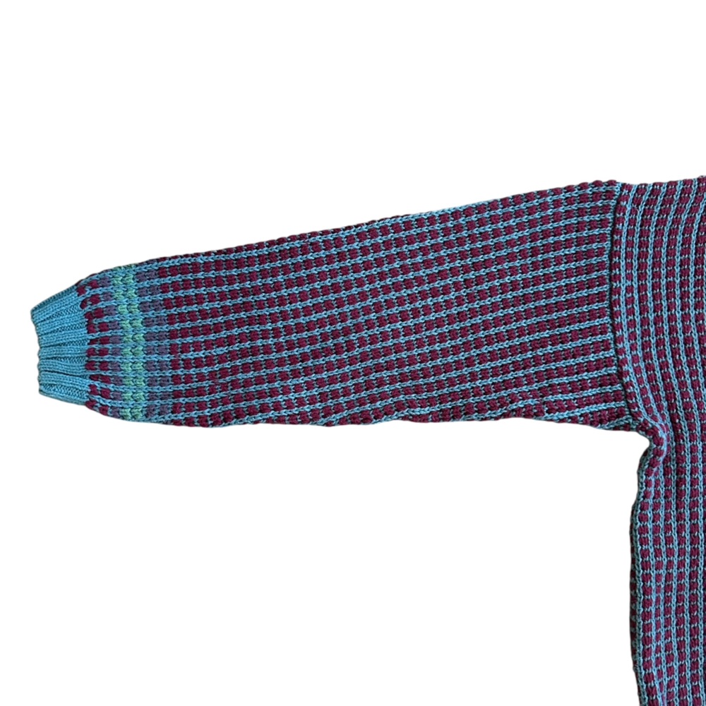 Vintage 90s Red Blue & Green Chunky Knit Linen Blend V Neck Sweater Size Medium - Picture 3 of 8